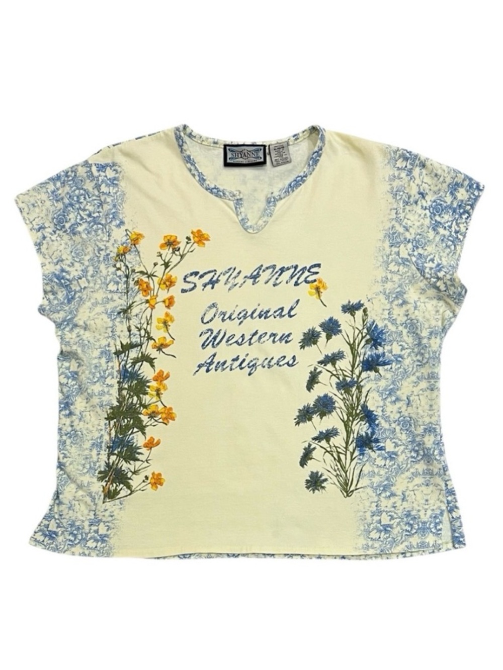 Shyanne Light Yellow Floral & Blue Toile Original Western Antiques Shirt Size XL